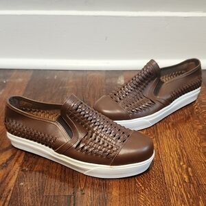 Hitchcock Wide Shoes Brown and White Slip-On Loafers with Woven Design
